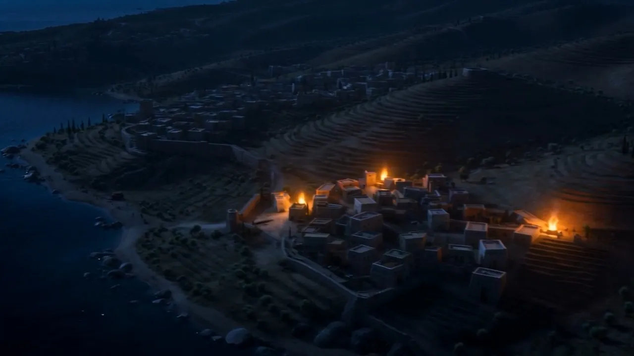 One village, lit, in a fold of the hills
