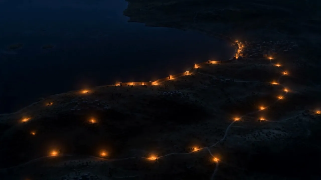 Lights strung out along the water