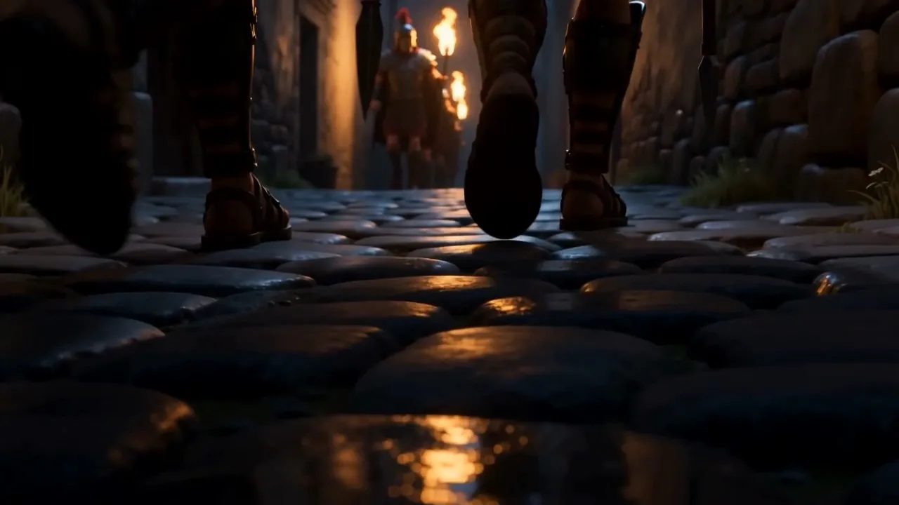 Boots on wet cobbles at night