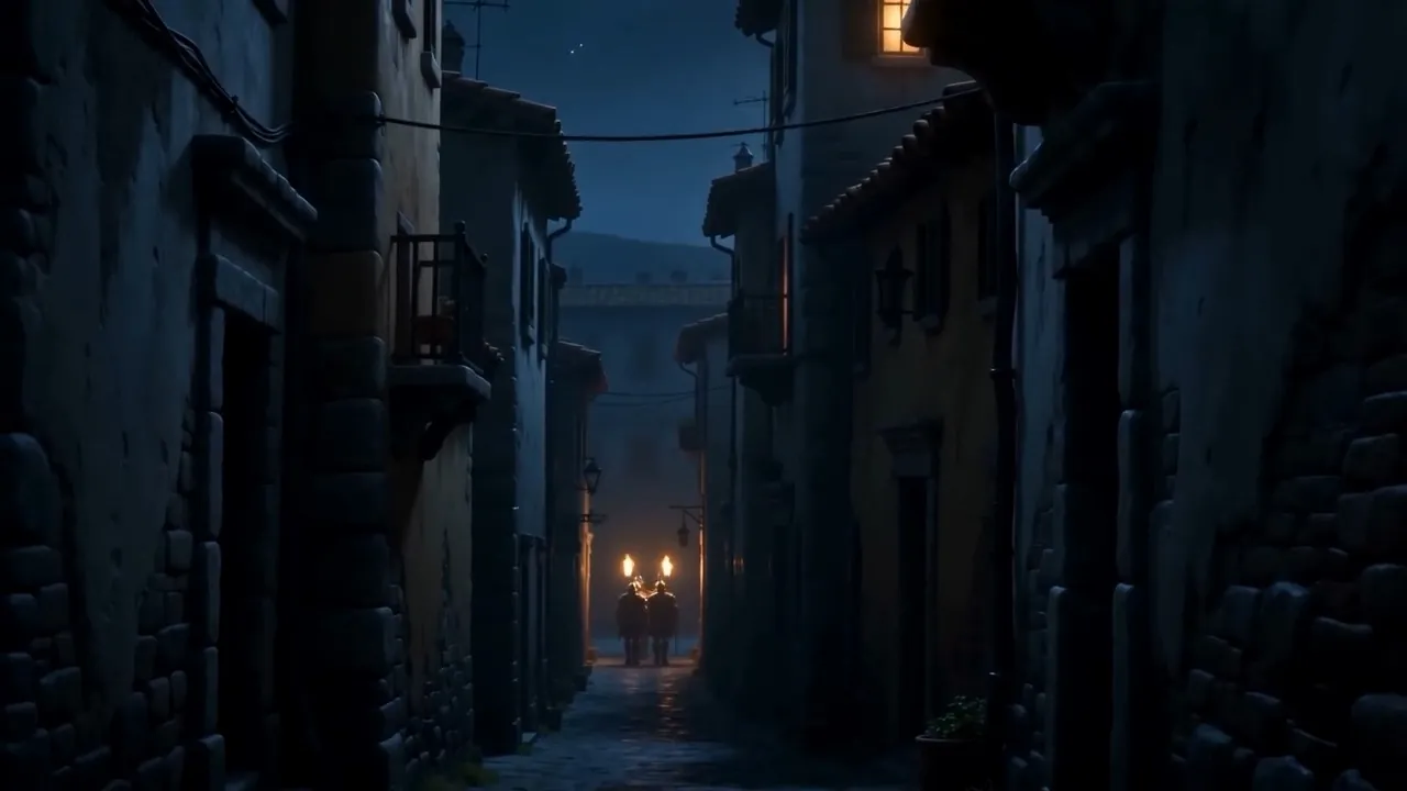Two lights moving away between the houses