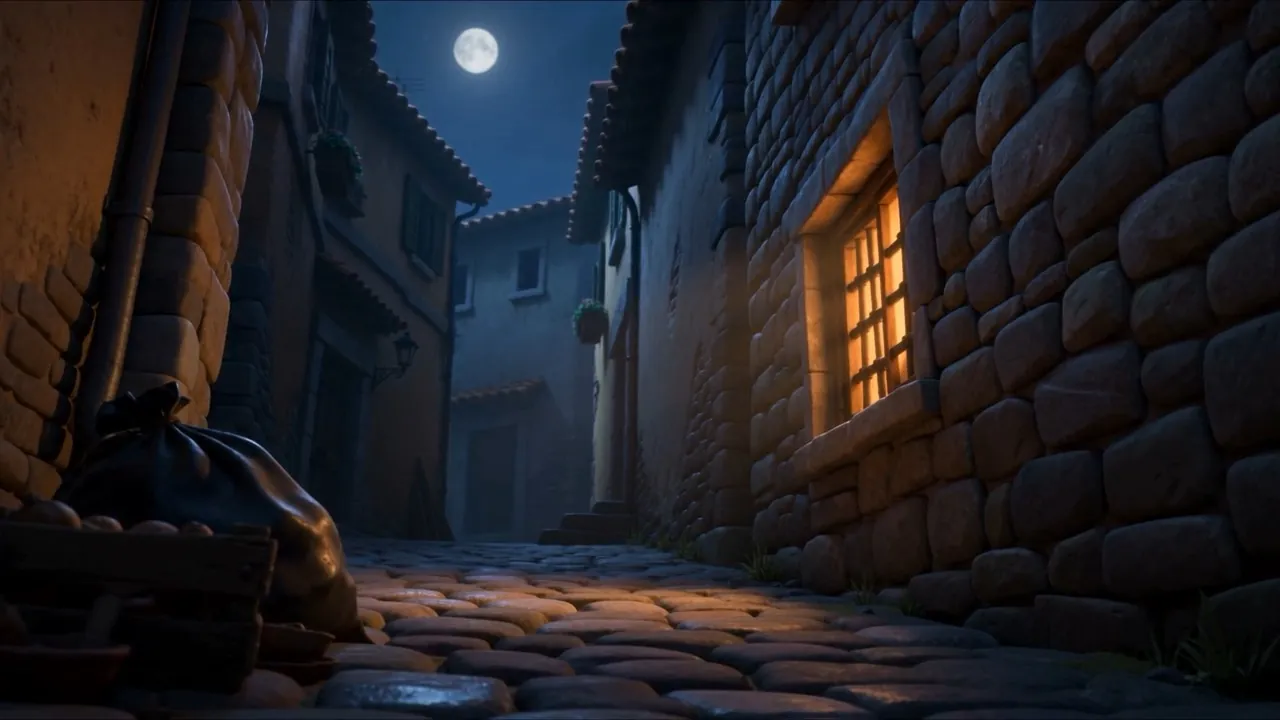 A single lit window in a dark stone wall