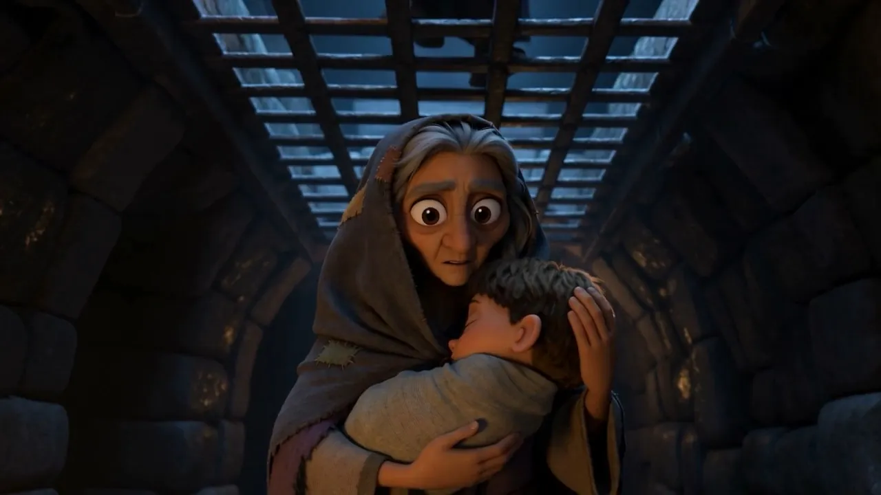 An old woman holding a sleeping boy