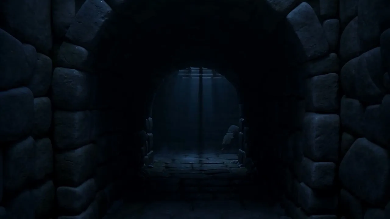 An empty arch, and stairs going down