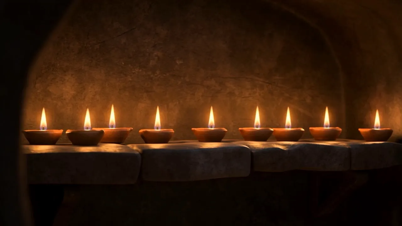 A row of small clay lamps burning on a stone ledge