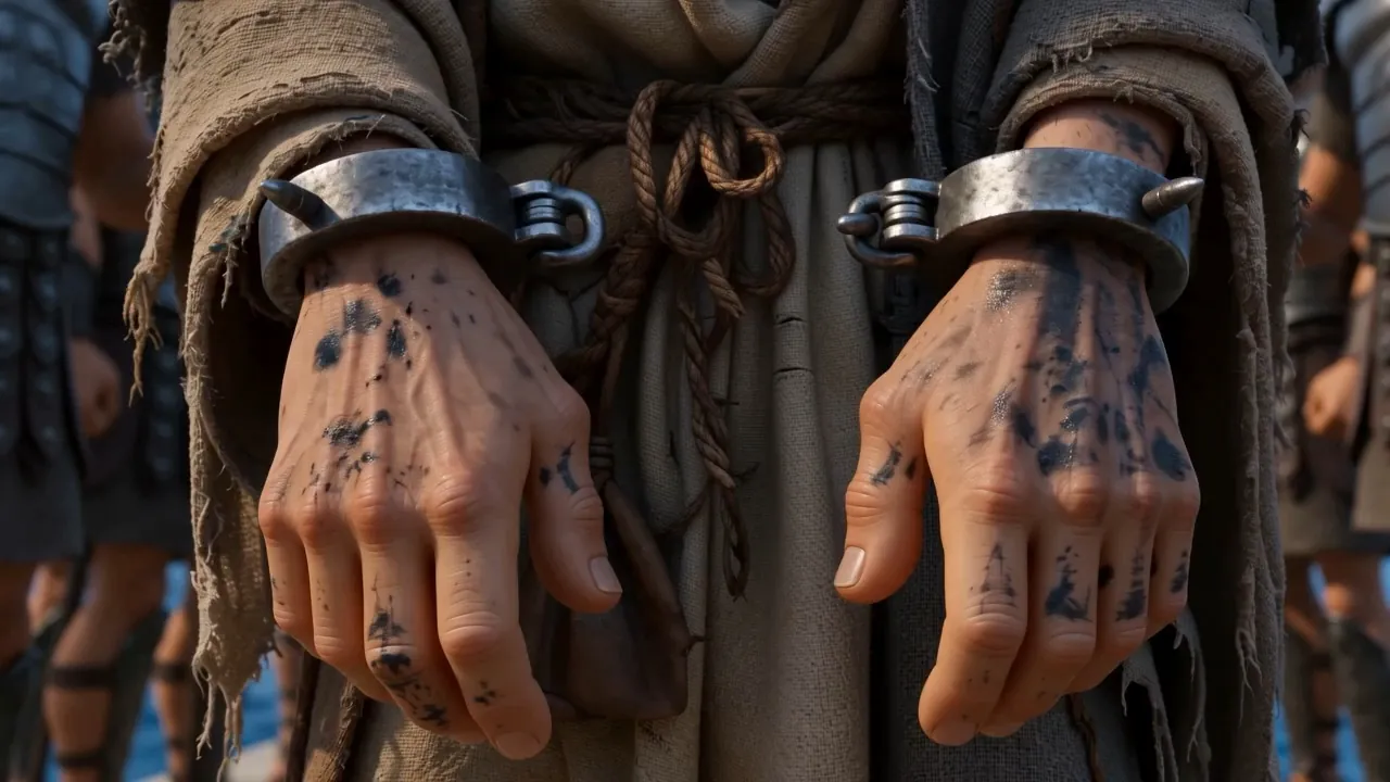 Two old hands in iron manacles