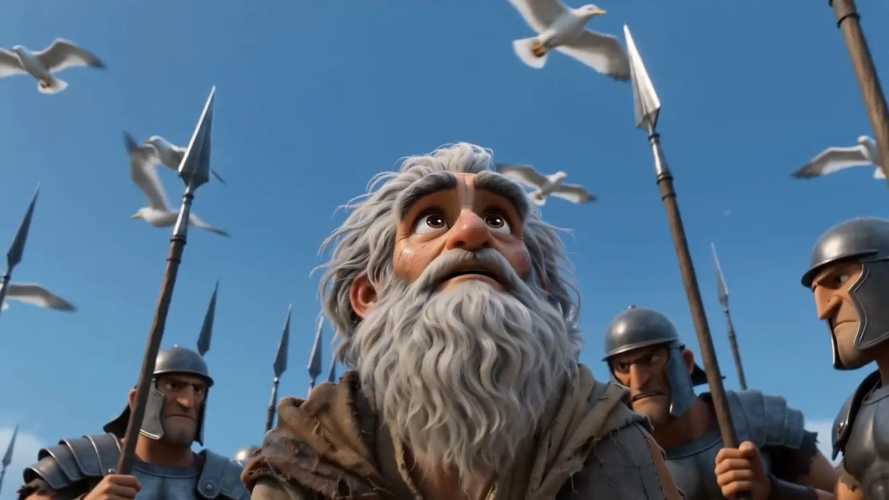 He looks up at the gulls