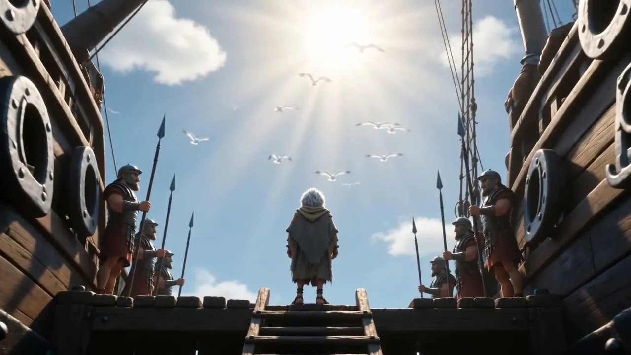 He walks up the gangway on his own