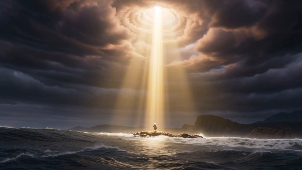 A shaft of gold light coming down through storm cloud onto one figure on a rock