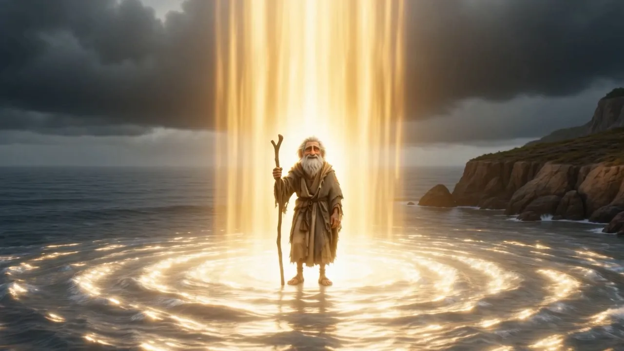He stands in shallow water inside a ring of light