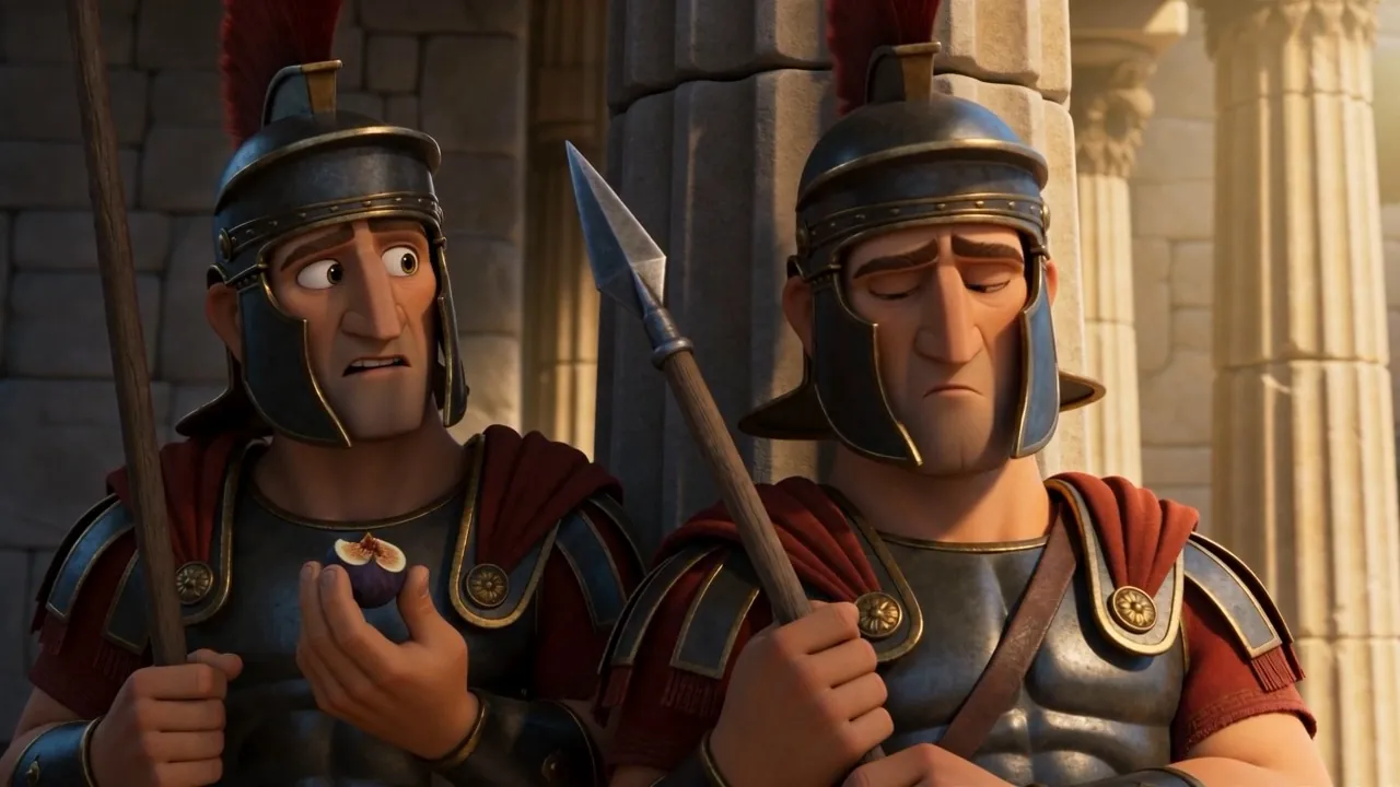 The first guard opens his mouth. Closes it