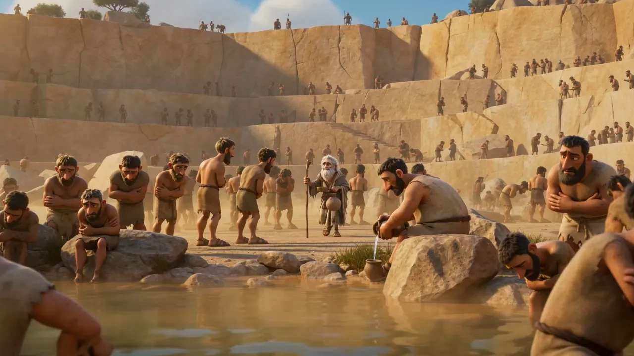 The water-line at midday, prisoners queuing in the dust