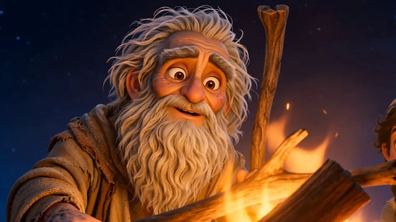 John pokes the fire once. Sparks climb toward the stars