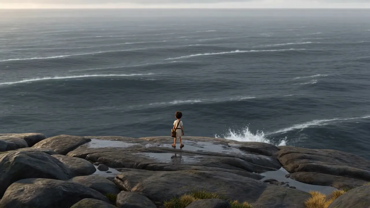 A boy, a rock shelf, and the whole uncrossable sea