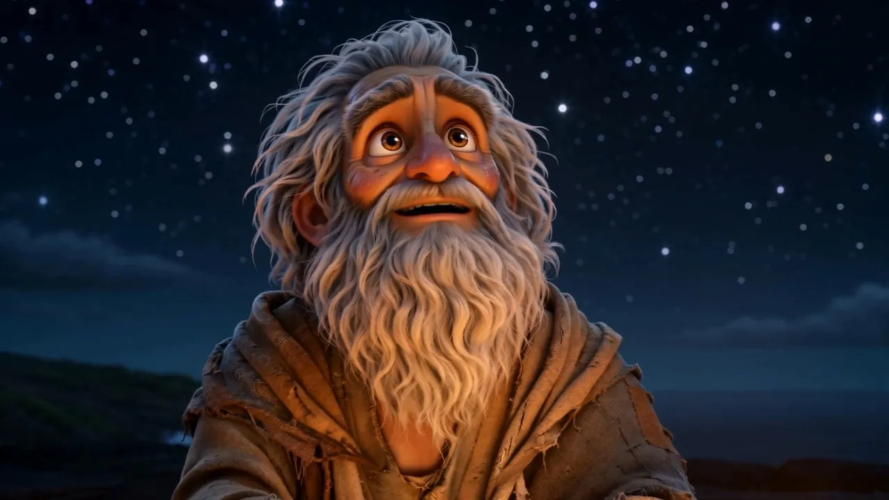 An old man looking up the way a child looks at a father