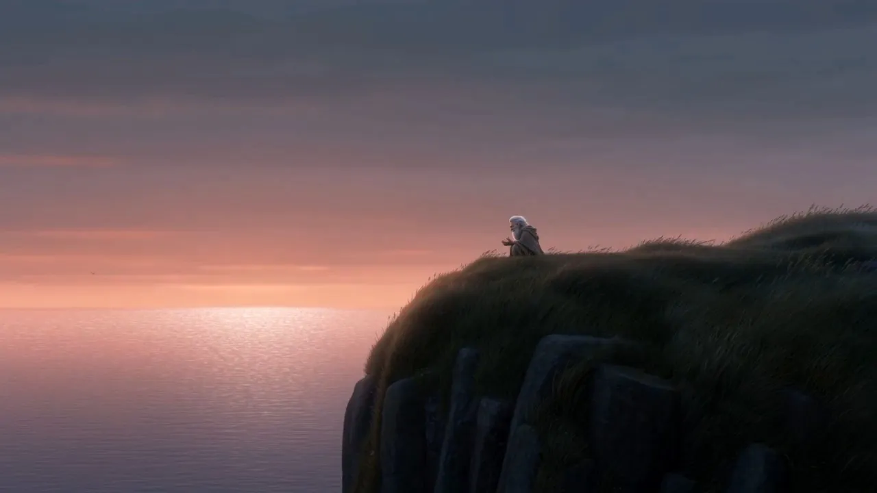 One kneeling man, and the sunrise assembling gold beyond the water