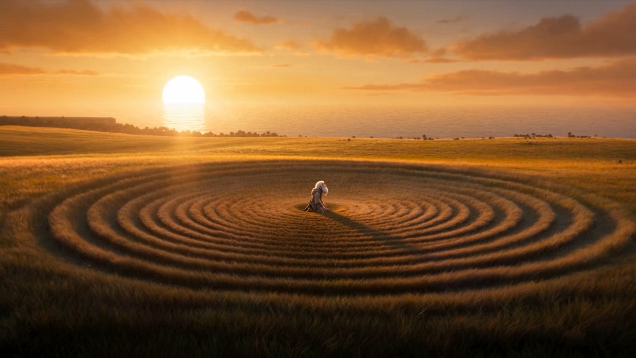 A perfect ring of flattened grass around a tiny kneeling figure at sunrise