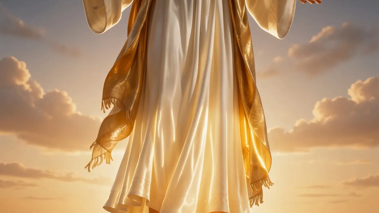 The robe falling like carved light, the golden sash burning softly