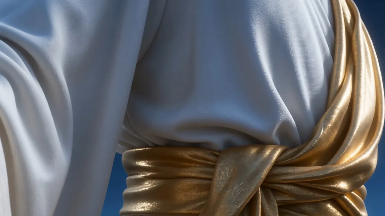 Down the falling robe, past the golden sash