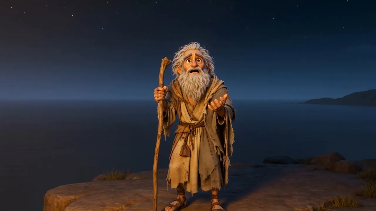 One old man on a cliff, lit by that face across all the distance