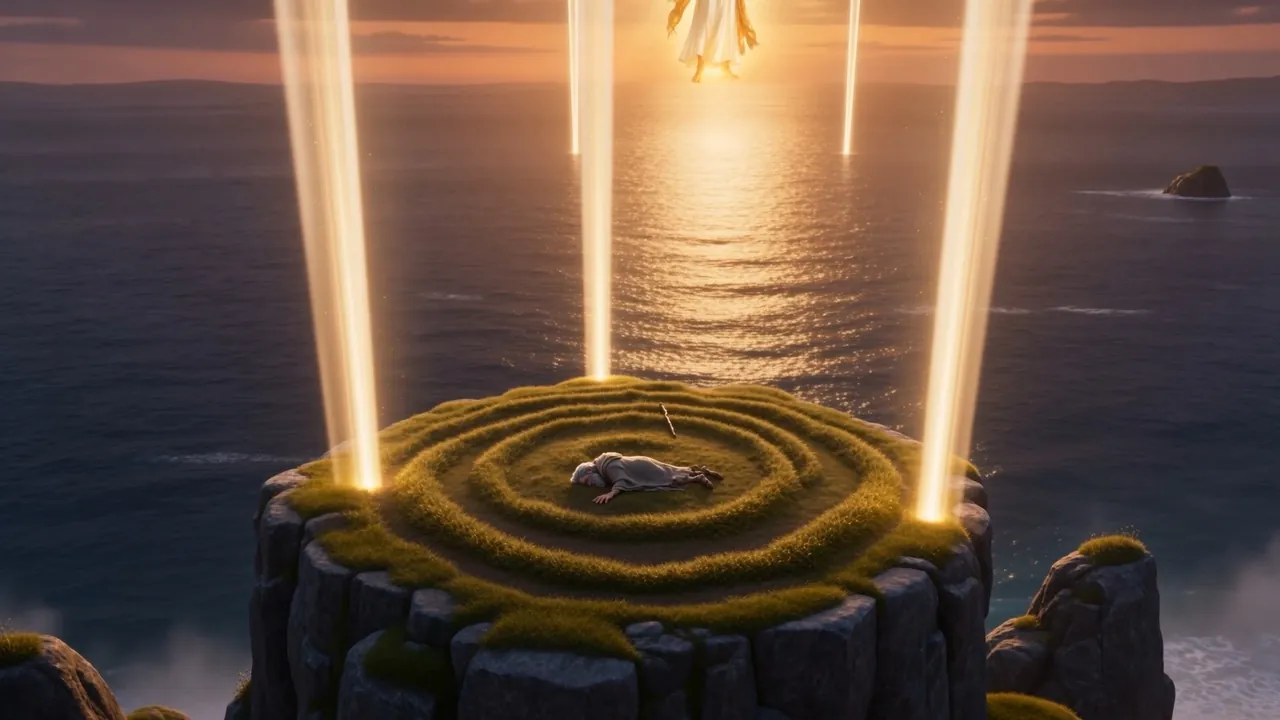 High and wide: the ring, the fallen man, the burning arc beyond