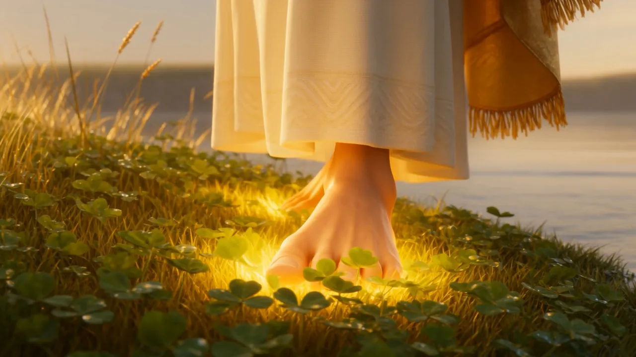 Furnace-bronze feet among dew and clover — and the grass does not burn. It shines