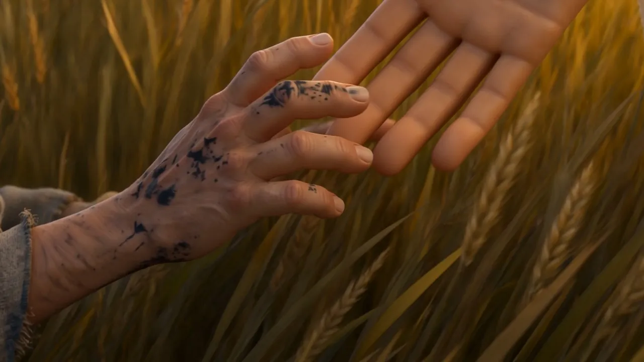 Ink-stained old fingers climb — finding the hand, the wrist, the scar