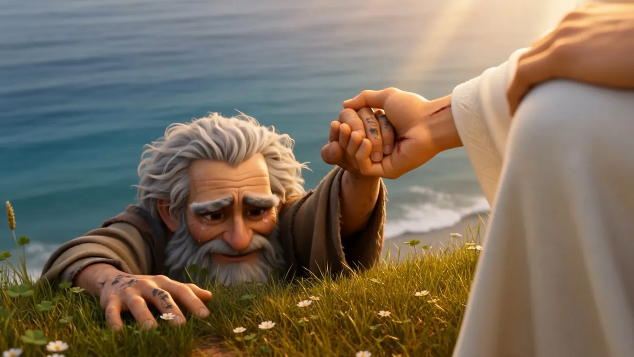 The oldest apostle, helped up by his oldest Friend
