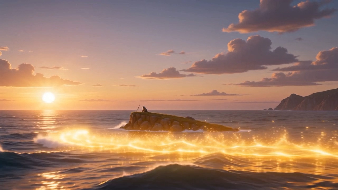 A road of gold light laid across the sea to a tiny figure on an islet at sunrise