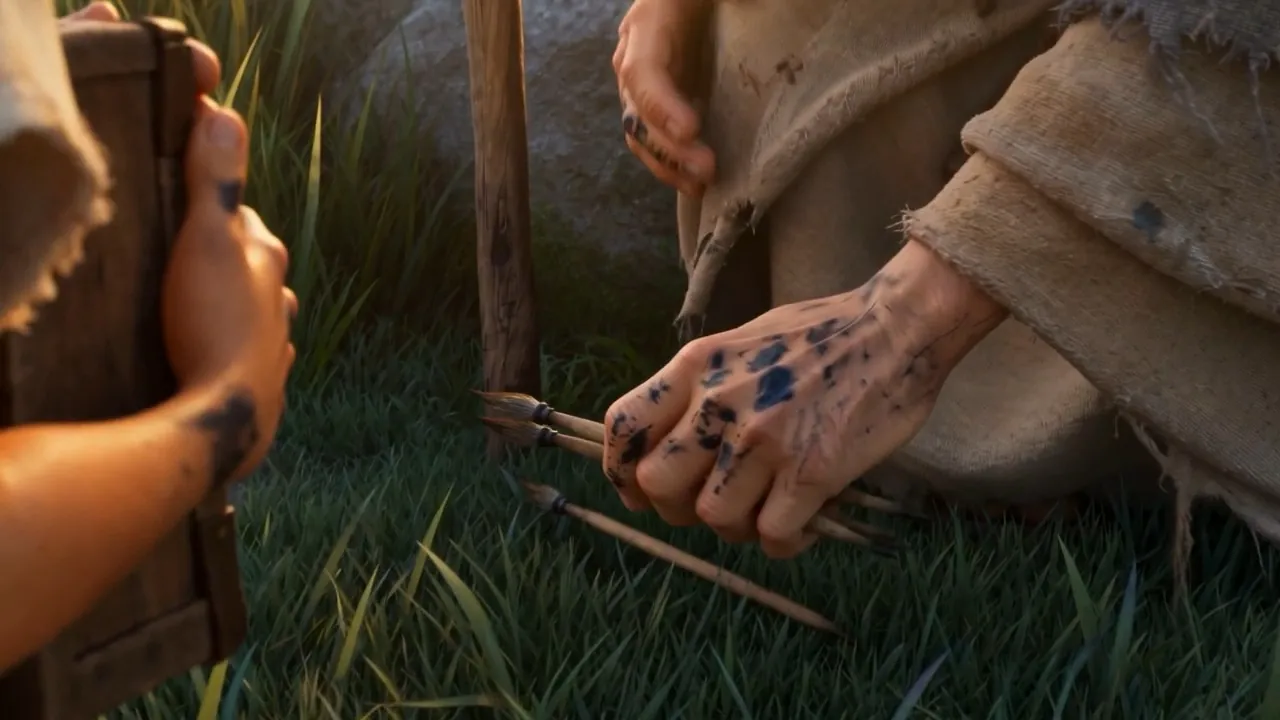 He bends and picks up the scattered pens, one, two, three