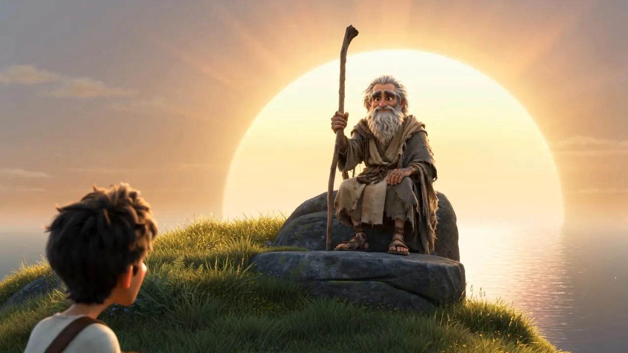 Old John, seated calm on a stone, changed. Lit from within
