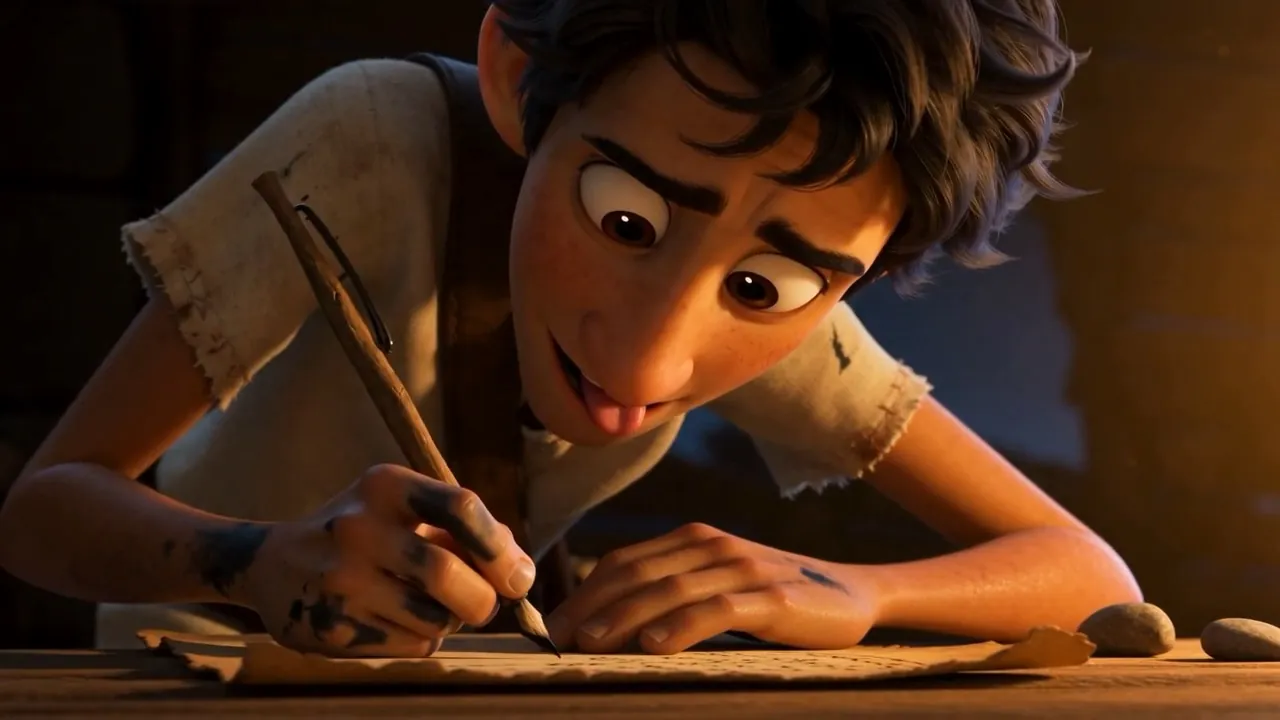 Tongue between his teeth, leaning his whole body into the letters