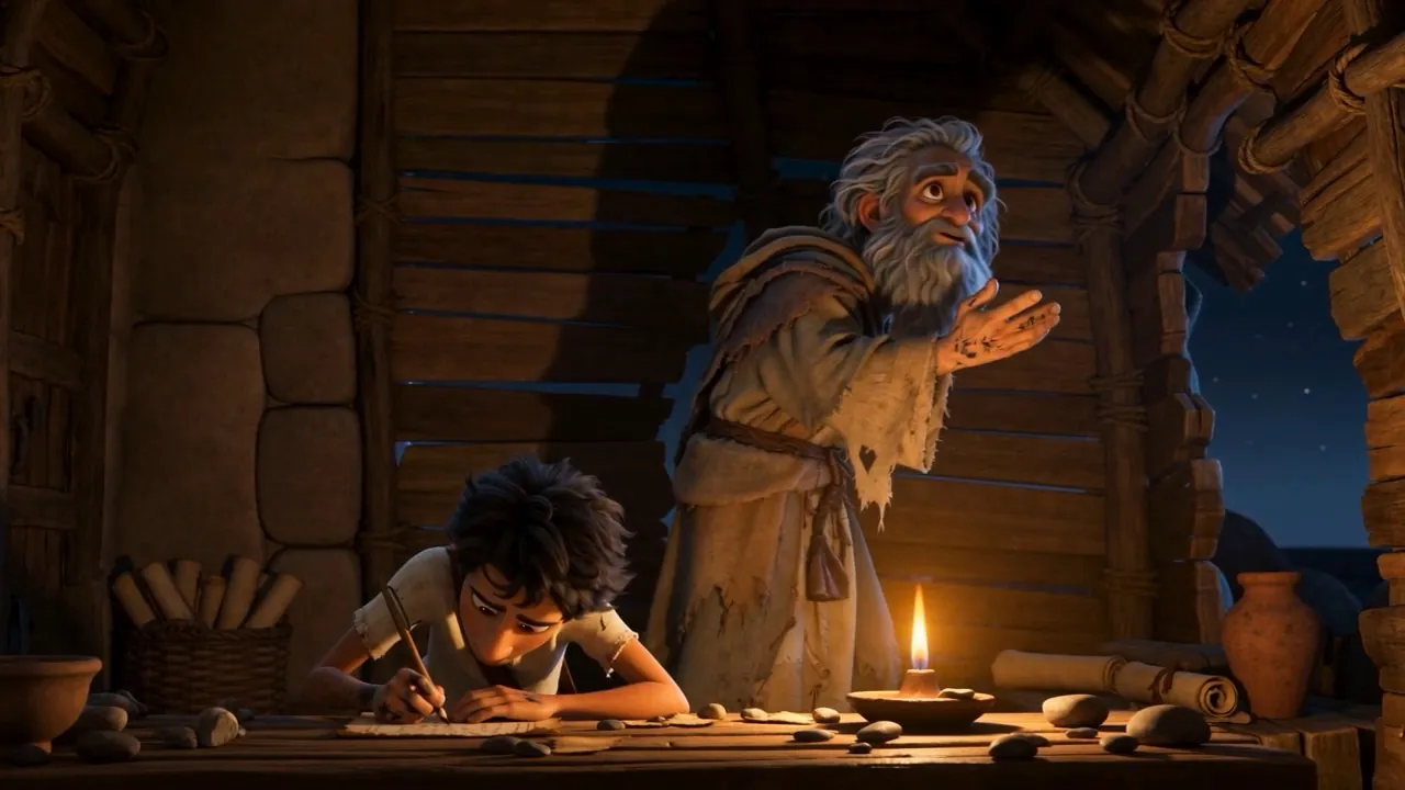 The boy writes fast; the old man paces slow, dictating