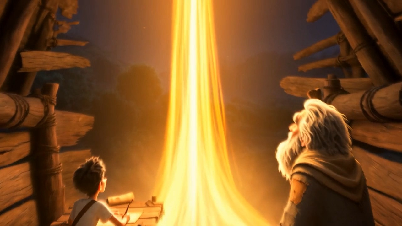 A ribbon of golden flame standing tall in a dark hut between an old man and a boy