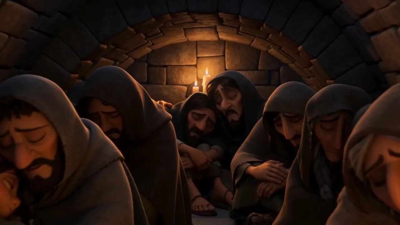 A packed stone cellar, two candles, a congregation singing under its breath