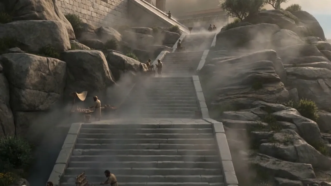 The long stair, smoke drifting down it like a slow gray river