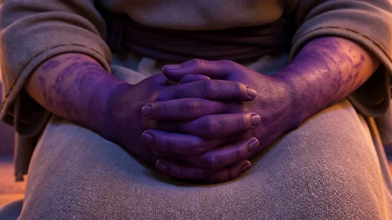 Hands stained Tyrian purple to the wrist, folded still amid the feast