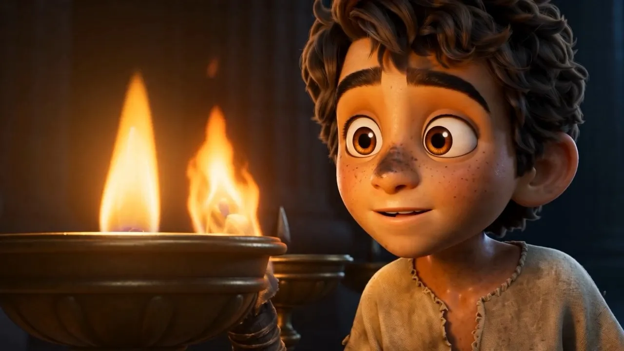 Up on tiptoe, tongue out — flame. The lamp blooms gold
