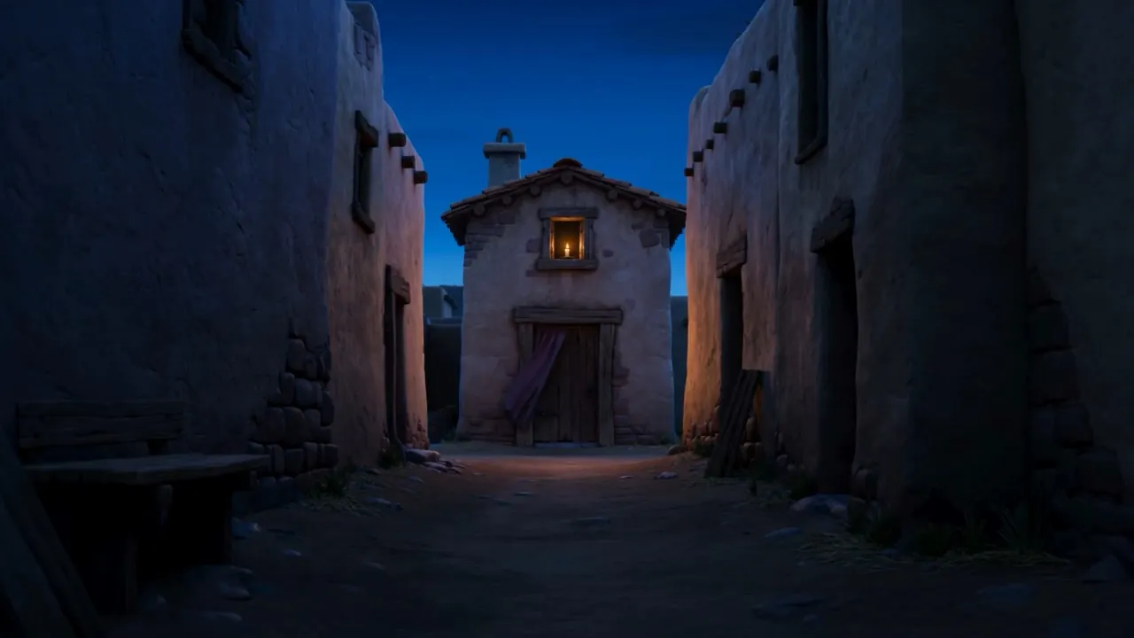 A tiny mud-brick meeting-house at the edge of town, one lamp in its window