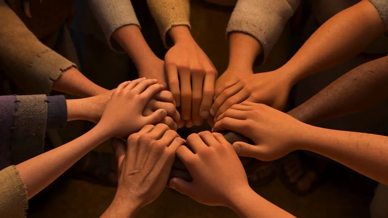 A dozen pairs of hands reach sideways and link, until the circle closes