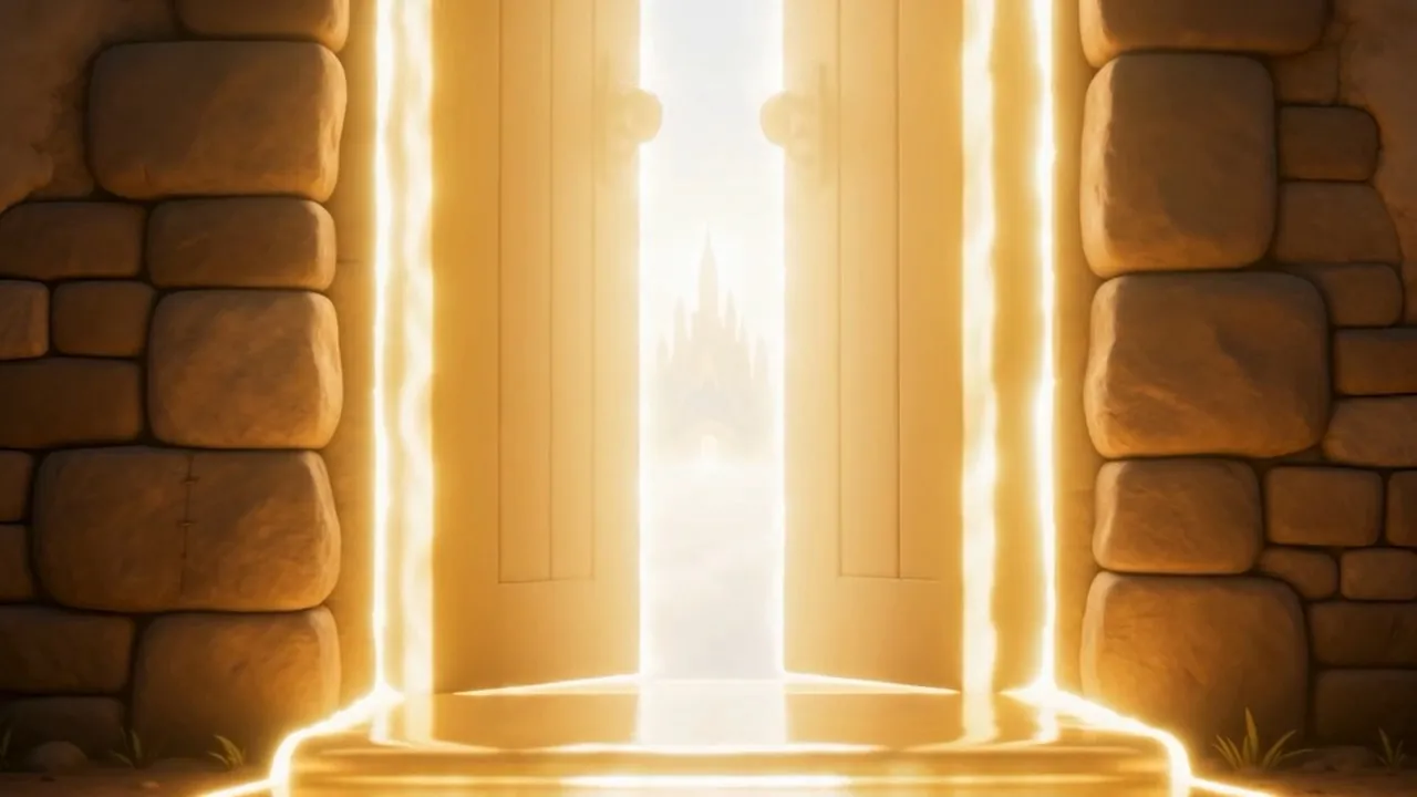 And behind them, where mud-brick should be: a doorway of light, standing open