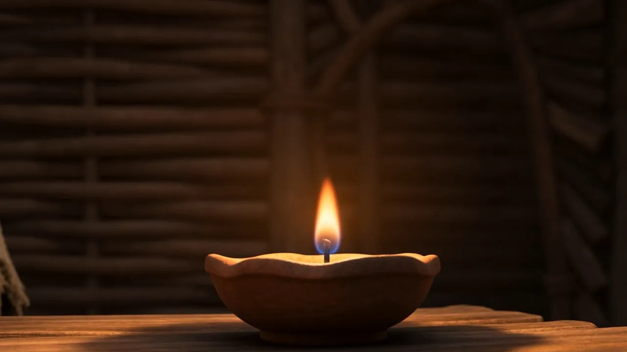 The lamp-flame settles — tall gold shrinking back to humble amber