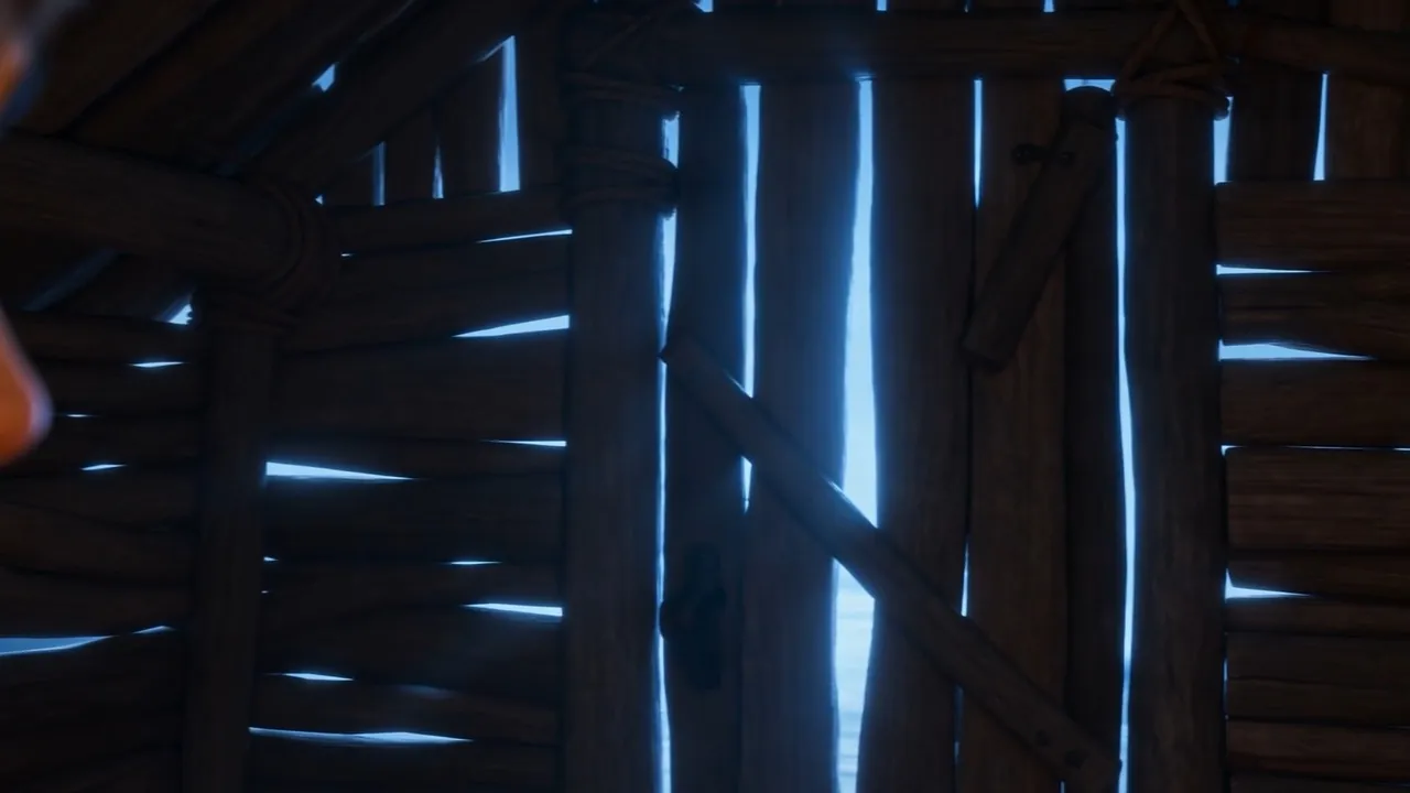 Toward the hut's own crooked door, moonlight seaming its edges