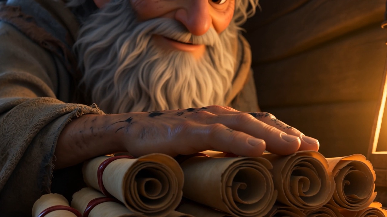 An old hand resting in blessing on a pile of sealed scrolls by lamplight