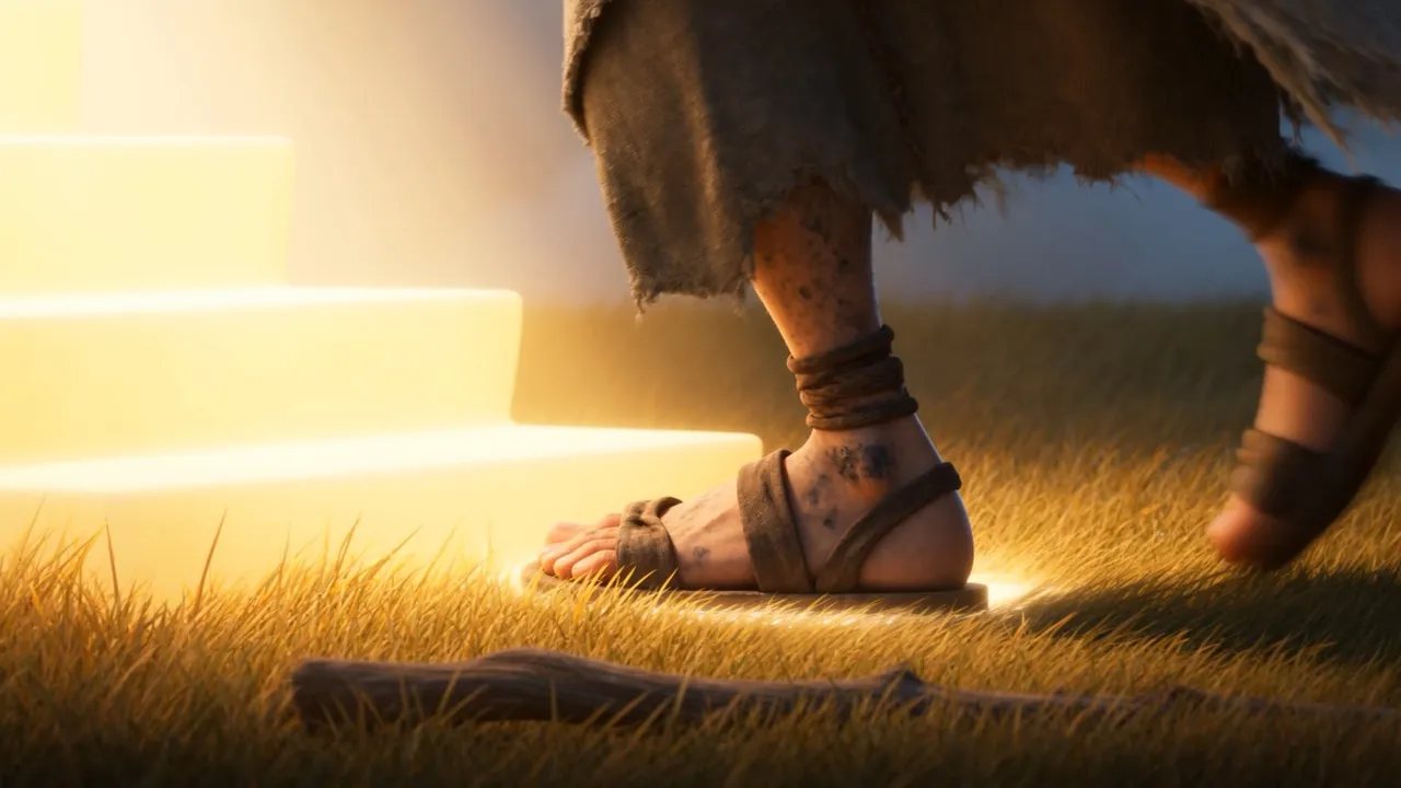 One sandal lifts — and steps into the light. The light takes the step's weight