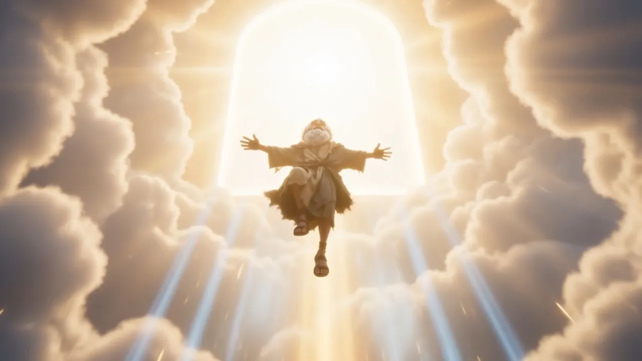 One small climbing figure, swallowed gently by brightness