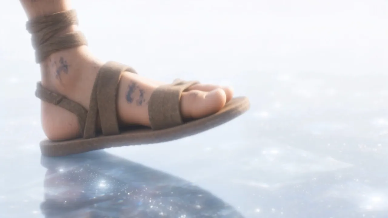 A sandal sets down, soft as a thought, on a floor of cloud and star-glass