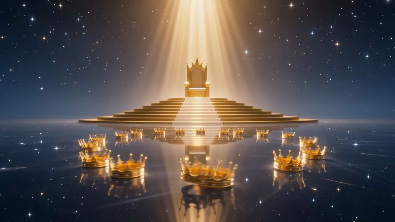They come to rest at the throne's foot. Jewels down. Work done