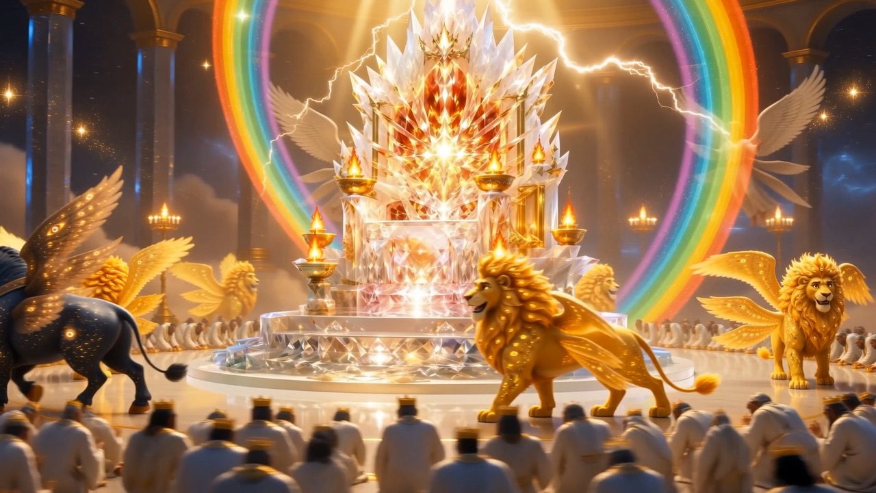 The throne room of heaven with wheeling living creatures, kneeling elders and a rainbow