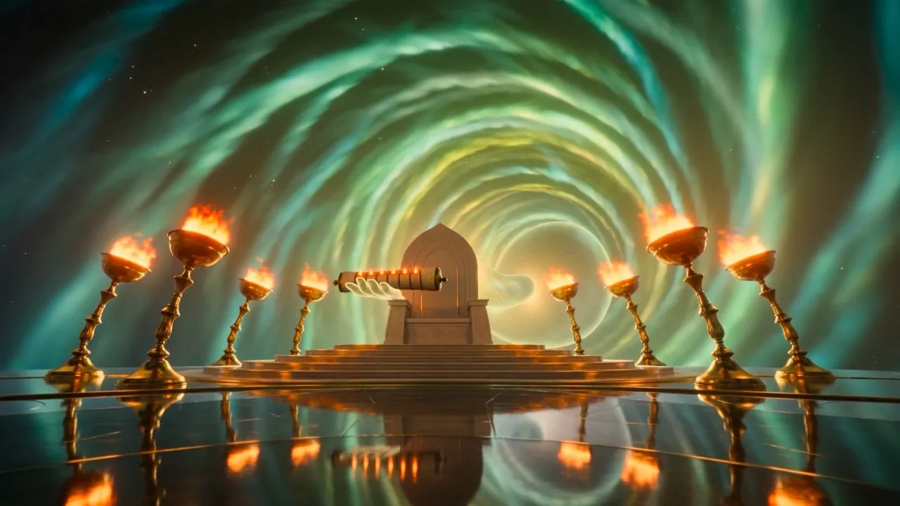 The lamps bow their flames its way. Even the rainbow inclines