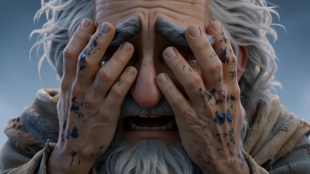 Tears finding the deep-cut channels of a ninety-year-old face